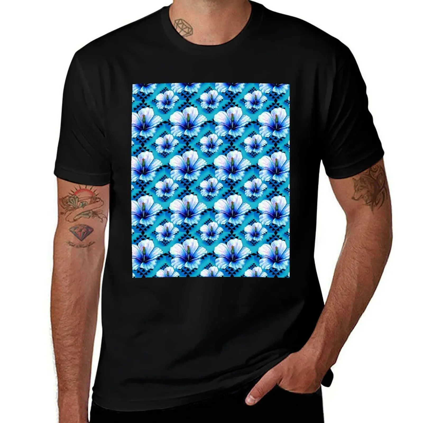Turquoise / Blue Hibiscus Native Floral Print T-Shirt Minimal Art Print T-Shirt
