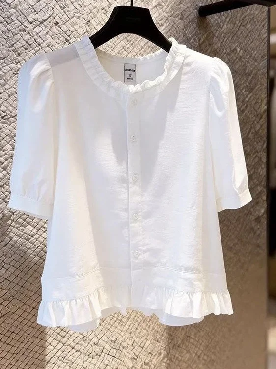 Summer 2026 White Short Sleeve round Neck Shirt Women's Fashionable Earlet Design Commute Style Polyester Fiber Shirt 2