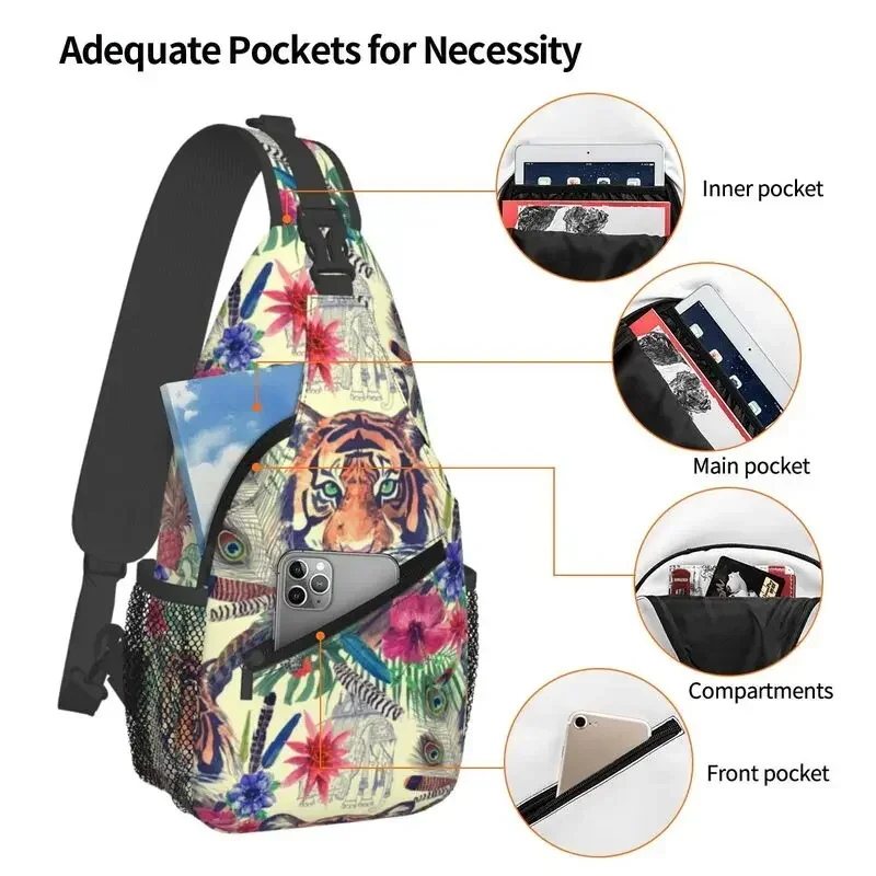 Fiori esotici personalizzati animali tropicali Tiger Sling Crossbody zaino uomo borsa a tracolla petto per ciclismo campeggio Daypack