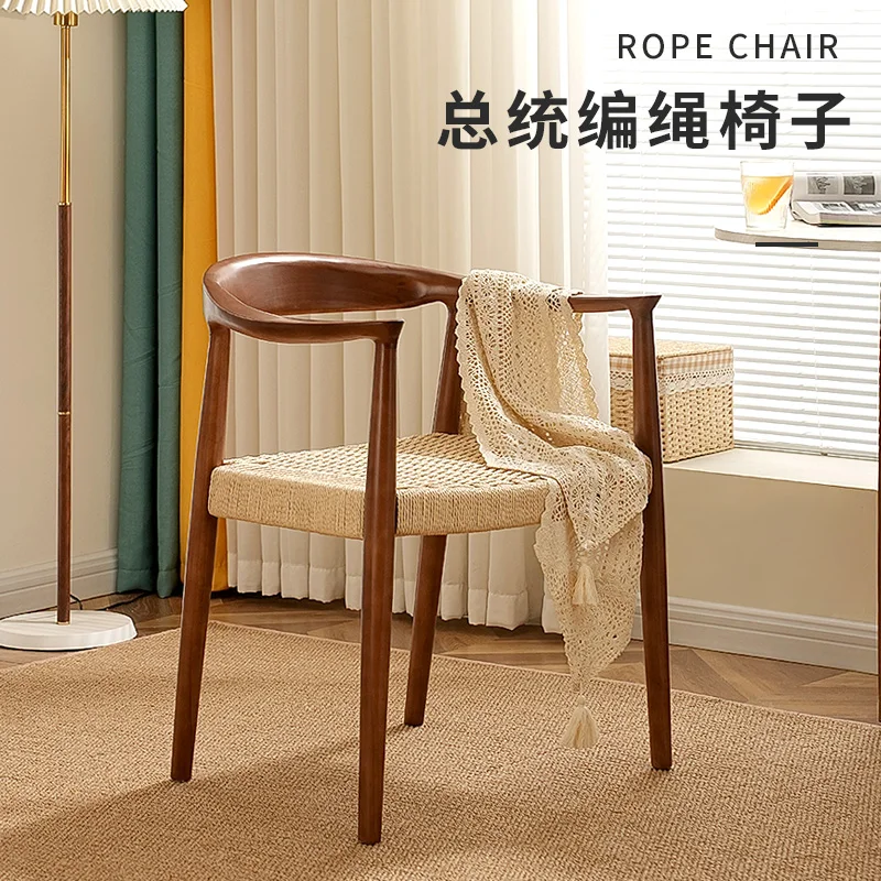 

Retro Solid Wood Kennedy Presidential Dining Chair Household Rattan Horn Backrest Armrest Black Walnut Desk Master Tea Chair