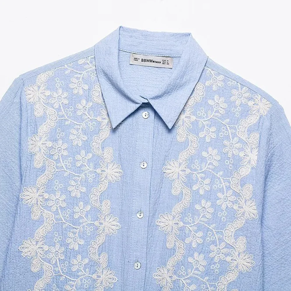 レディース 袖口イレギュラーデザインシングルブレストショートトップス カジュアルレトロ花柄刺繍半袖ラペルシャツ エレガント婦人服