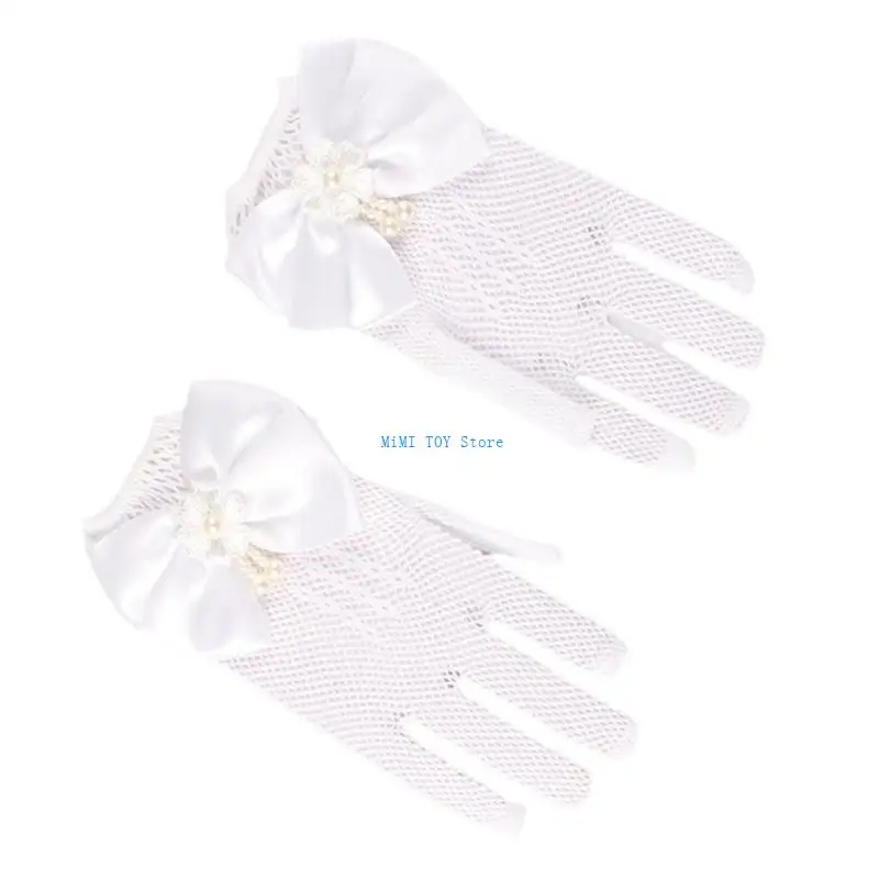 

24BE Sophisticated Gloves Sweet Mittens for Girls' Gowns Dress Feature Lace and Faux Pearls Accents for Formal Event
