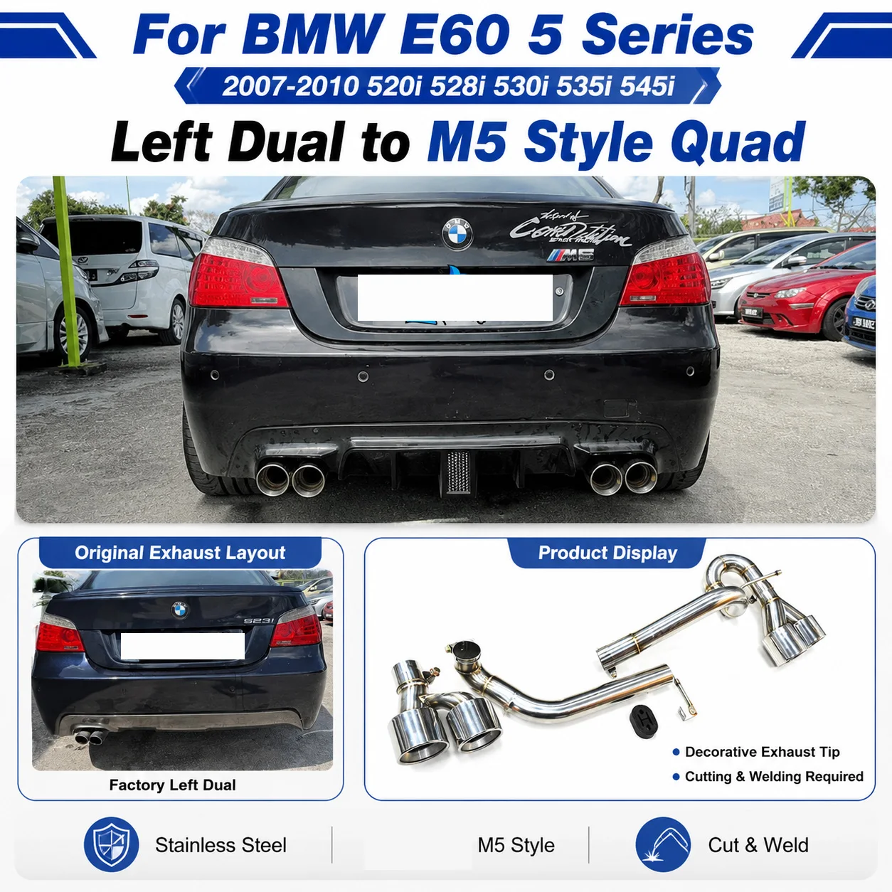 M5 Look Quad Auspuff-Endrohre für BMW 5er E60 2007-2010 520i 525i 528i 530i Nur Benzin Edelstahl Schalldämpfer Endrohr
