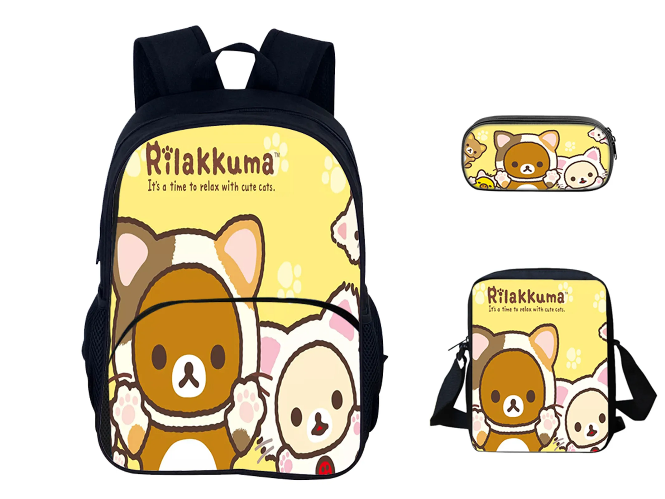 

HOT Unisex Children Rilakkuma Large Backpack 3Pcs Set-Waterproof Rucksack+Lightweight Side Bag+Pencil Box for Student