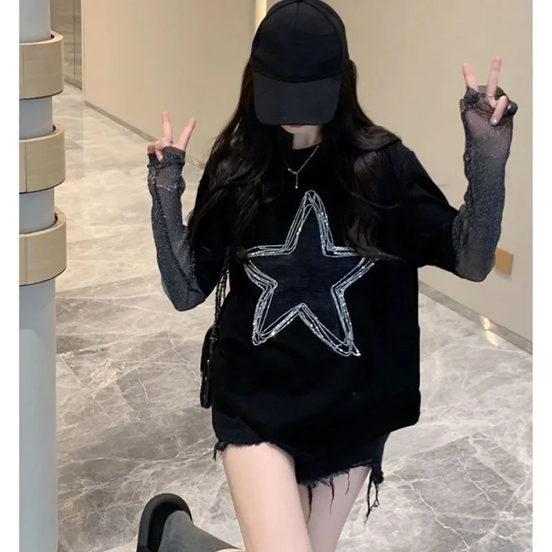 Minimalist 2024 Summer New Women\'s Crew Neck Stars Diamonds Casual Spliced Gauze Long Sleeve Fashion Loose Sweet T-shirt Tops