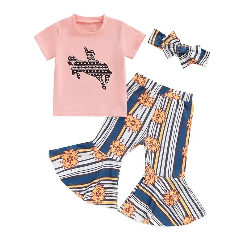 Kids Girls Western Outfits Cow Horse Print Short Sleeve T-Shirt and Elastic Flare Pants Headbands Set 3 Piece Clothes