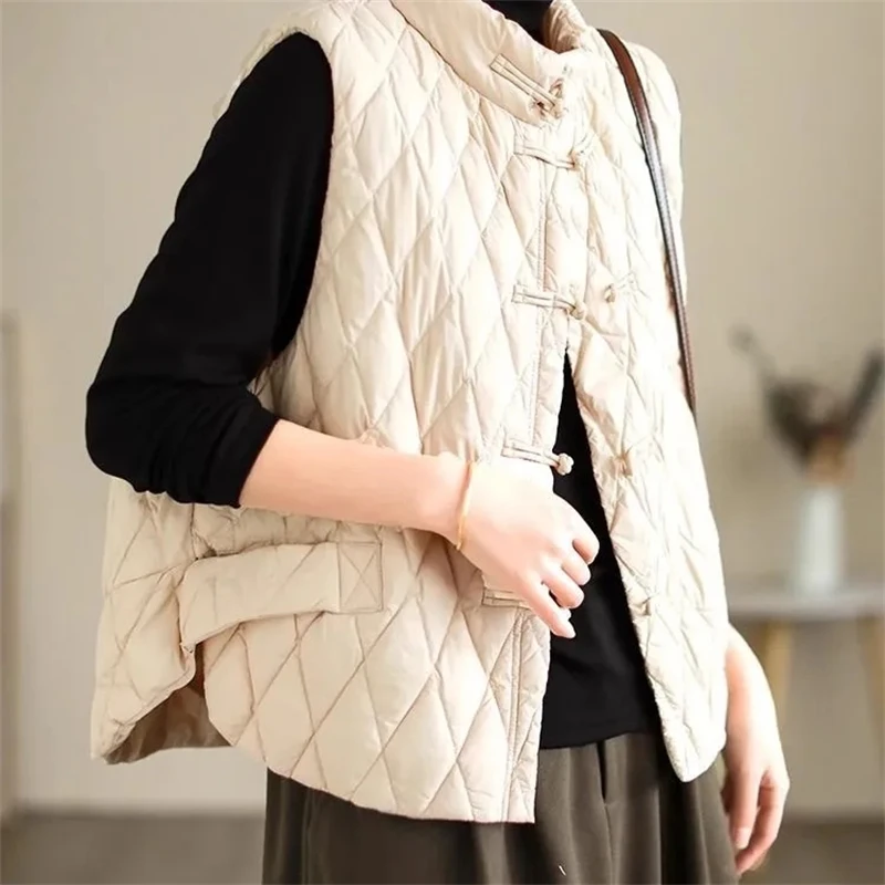 2024 New Autumn Winter Parkas Women Puffer Vest Loose Cropped Stand Collar Sleeveless Vest Jackets Down Cotton Padded Waistcoat