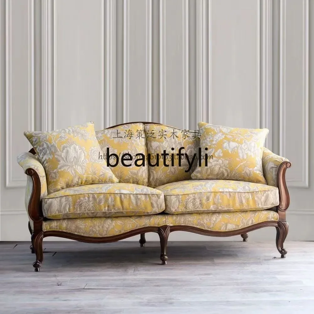 B178 American style, grid solid wood fabric sofa double triple sofa retro large apartment villa bedroom sofa