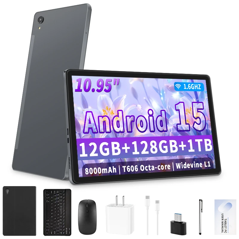 تابلت Android 15 وذاكرة وصول عشوائي 12 جيجابايت وذاكرة قراءة فقط 128 جيجابايت وذاكرة قراءة فقط 1 تيرابايت قابلة للتوسيع، 2025 لأجهزة Android اللوحية مقاس 10.95 بوصة 8000 مللي أمبير في الساعة مع ماوس لوحة مفاتيح، معتمد من GMS