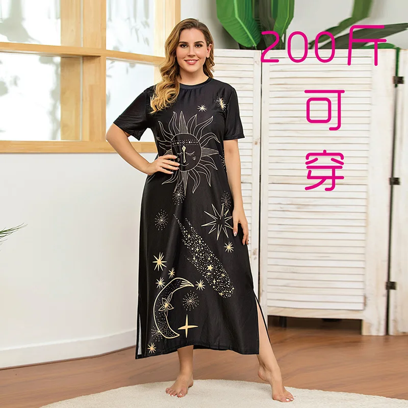 

Middle East hot-selling large-size dress Sun Star loose graffiti black casual long T-shirt skirt high-end temperament elegant cl