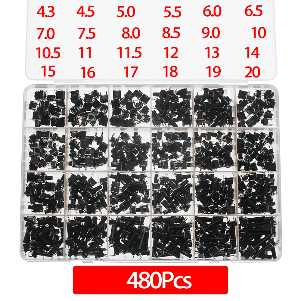 24 Models 480pcs/Box 6*6 Tact Switch Tactile Push Button Kit Height:4.3MM~20MM DIP 4P Micro 6x6 Key Switch