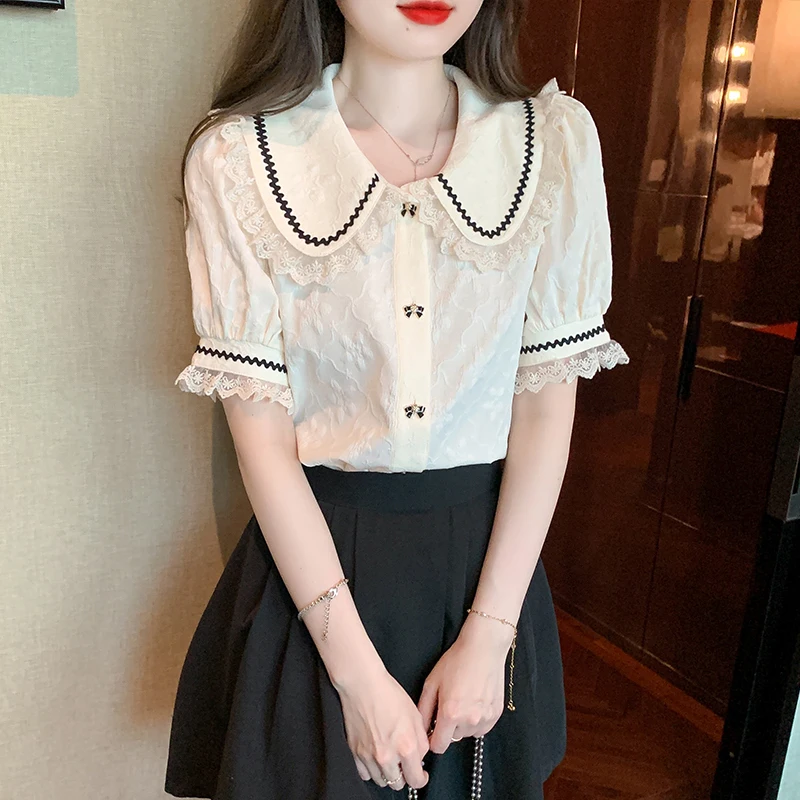 Summer Short Sleeve Doll Collar Women Shirt Office Lady Chiffon Shirt Blouse Women Tops Blusas Mujer De Moda 2024 Verano A278