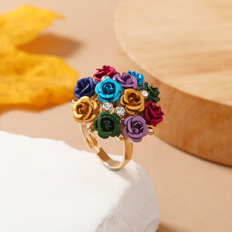 Romantic Colorful Golden Rose Flower Finger Rings for Women Bridal Wedding Party Engagement Creative Crystal Flower Rings Gift