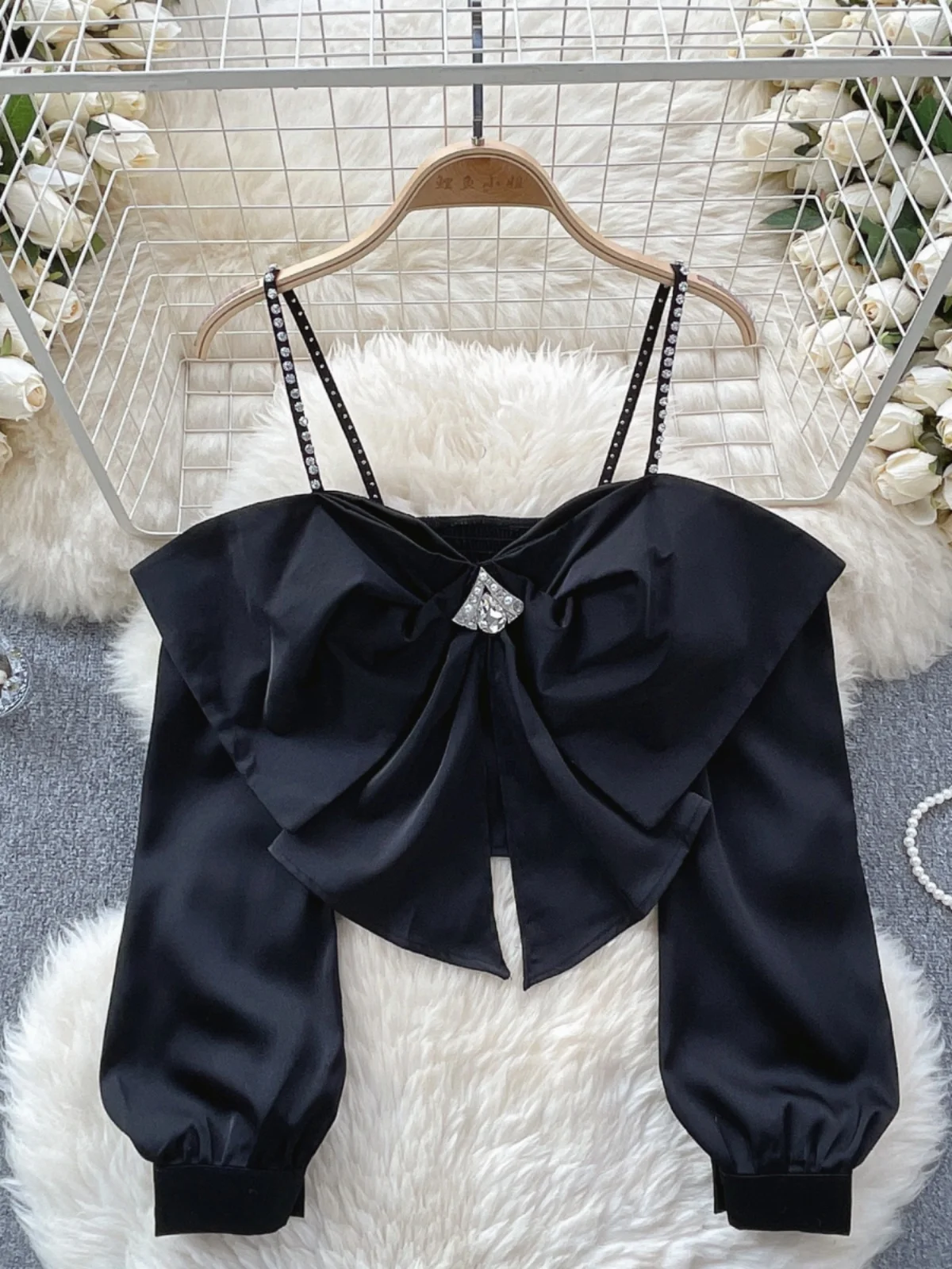 French Chic Elegant Womens Tops Spaghetti Strap Off-shoulder Long Sleeve Blusa Feminina Sweet Bow Blusas De Mujer Dropshipping