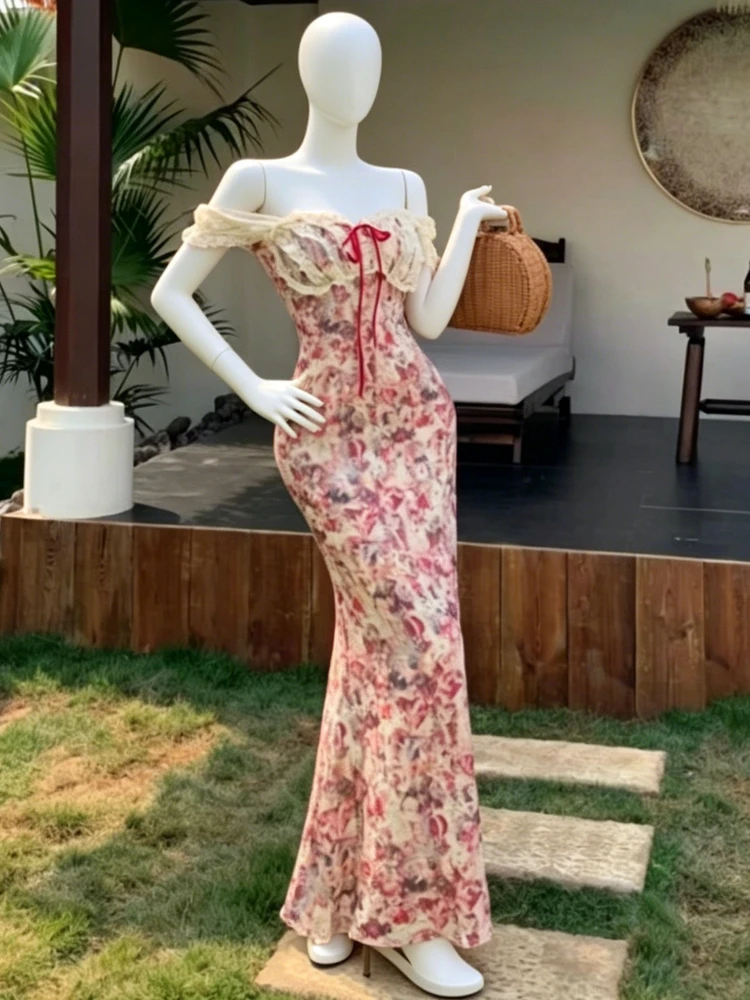 

Summer French Sweet Dresses Women Lace Floral High Waist Design Camisole Dress Female Chic Retro Holiday Travel Mermaid Clothes