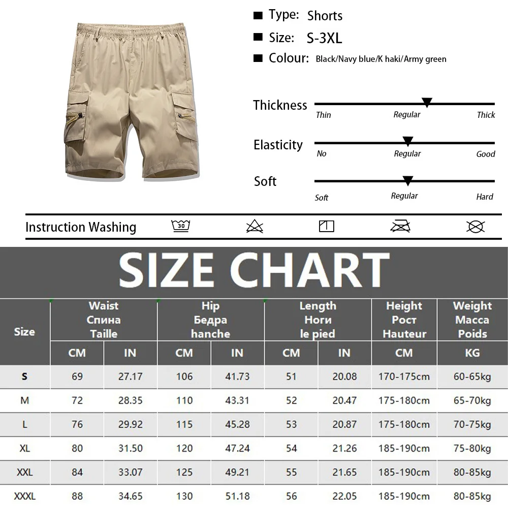 Gerade geschnittene Cargo-Shorts für Herren, leicht, atmungsaktiv, einfarbig, Kordelzug an der Taille mit Reißverschlusstaschen, lässige Sommer-Shorts – Detail 1