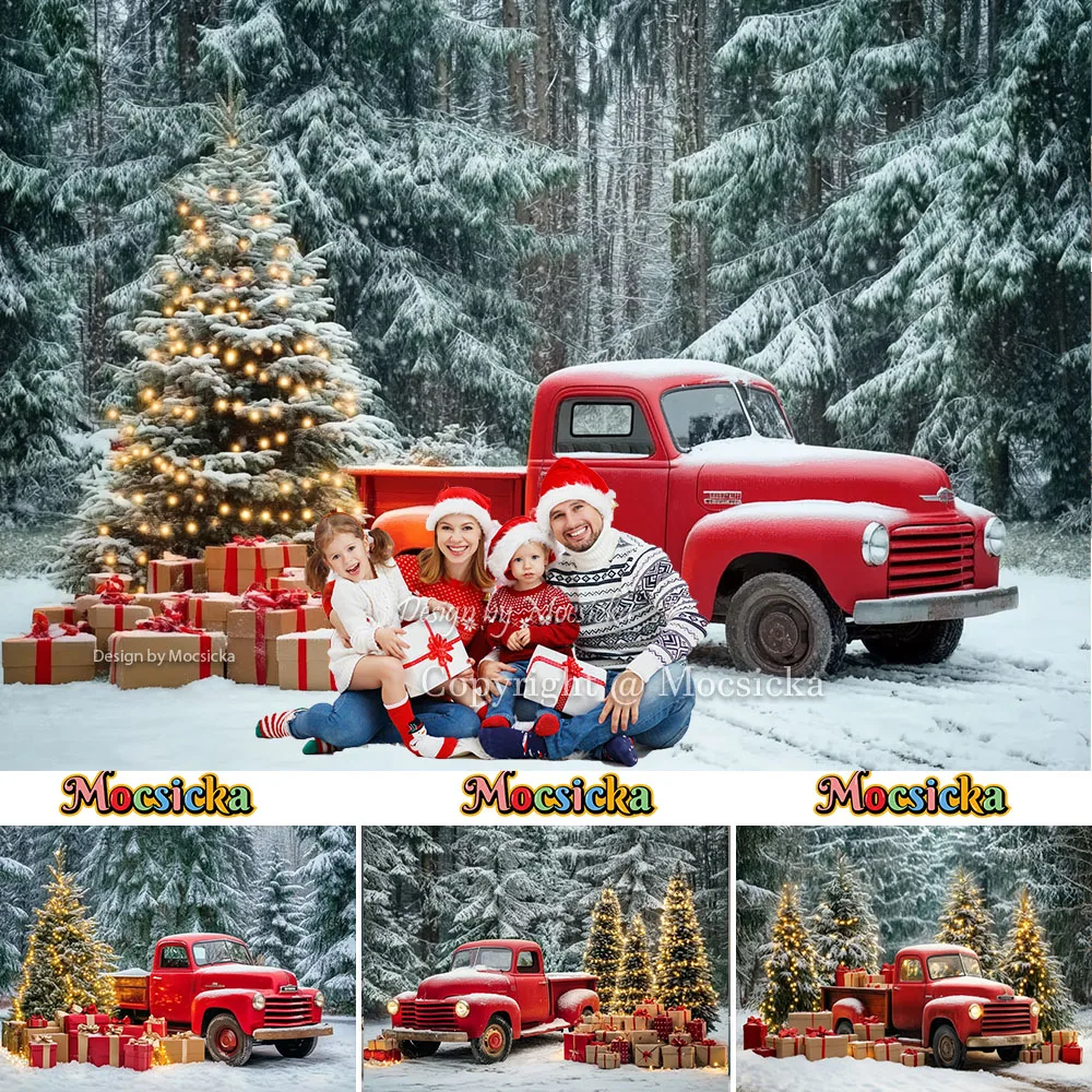 Mocsicka الأحمر هدية عيد الميلاد عربة خلفية التصوير الفوتوغرافي شجرة عيد الميلاد الغابات الأبيض حقل ثلجي خلفية الشتاء الأسرة في الهواء الطلق الصورة #1