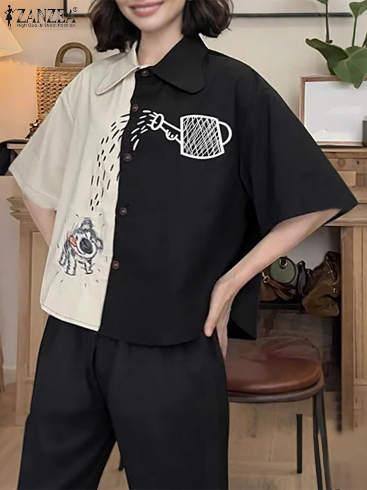 ZANZEA Fashion Printed Shirts Women Short Sleeve Patchwork Blusas Turn-Down Collar Casual Loose Tunic Summer Tops Oversized