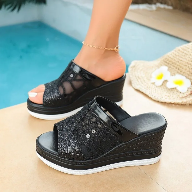 

Mesh Embroirdered Wedge Sandals Women 2026 Summer Chunky Platform Slippers Woman Fashion Thick Bottom Beach Slides Plus Size