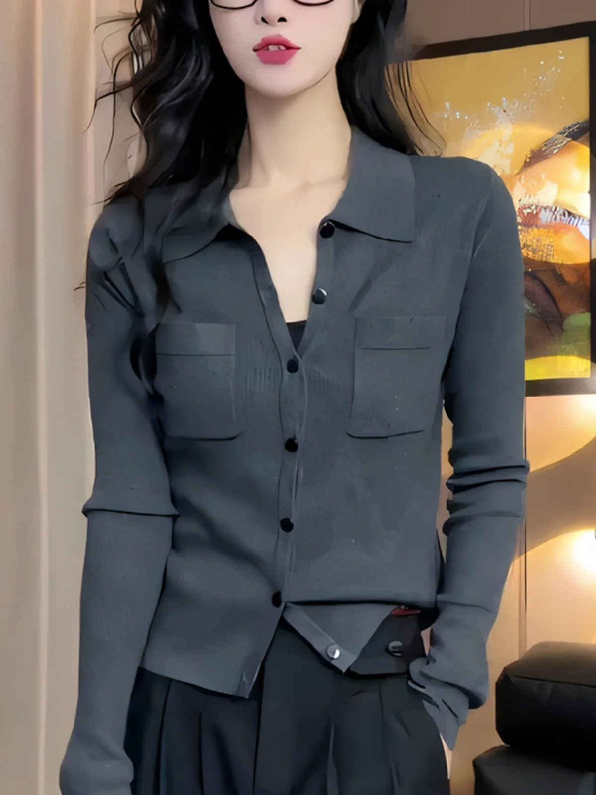 

Slim Fit Deep Grey Knit Cardigan Trendy Minimalist High End Feel European Style Fashion Classic Autumn Women's Sweater