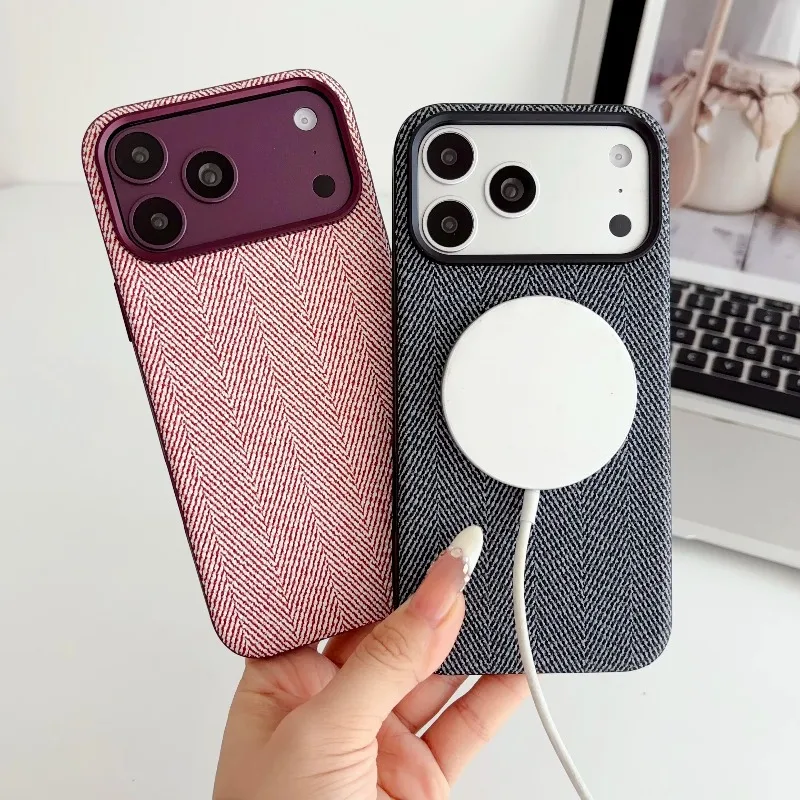 Luxury Woven Magnetic Case For iphone 17 16 15 18 Pro Max Texture Fabric Leather Shockproof For Magsafe Wireless Charging Cover