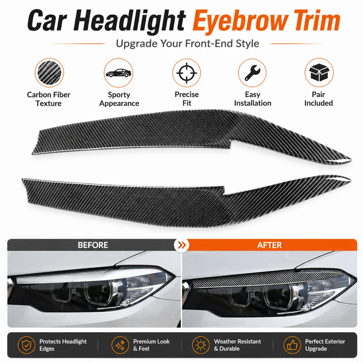 UV Resist Real Carbon Fiber Headlight Eyebrow Sticker Fit BMW G30 G38 530i 540i M550i 5 Series 2017-2020