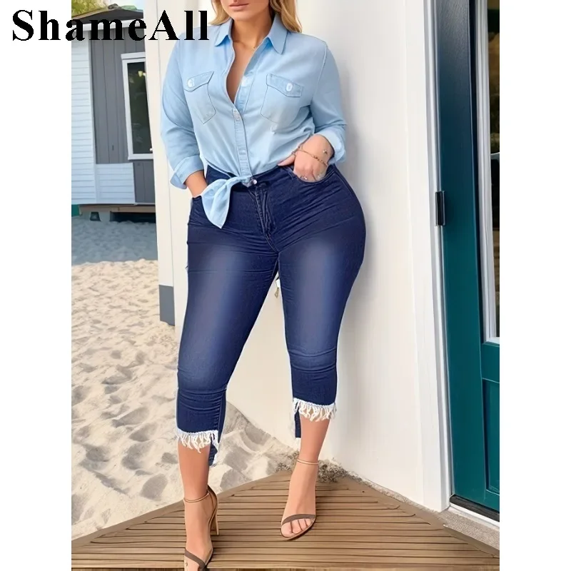 

Plus Size Tassel Patchwork Vintage Stretchy Skinny Knee Length Jeans Jeggings Pant Leggings Capris