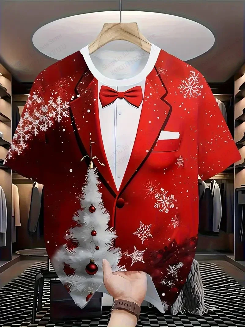 

A men's and women's universal short-sleeved shirt with a three-dimensional Christmas tree pattern, which is in line