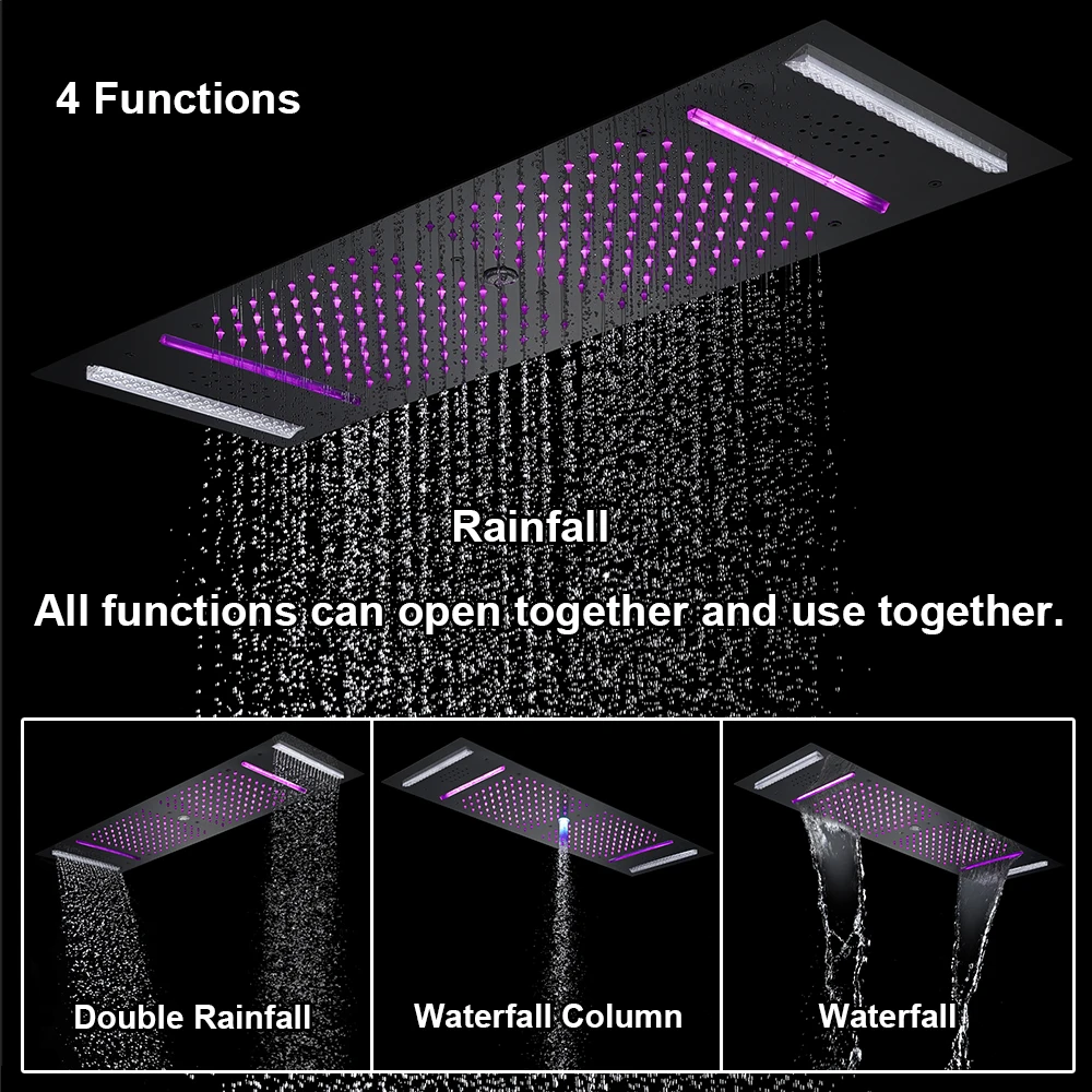M Boenn 4 Functions Couples LED Shower Head Rainfall Bar Shape For Bathroom Embedded Ceiling Black Shower Panel Stainless Steel