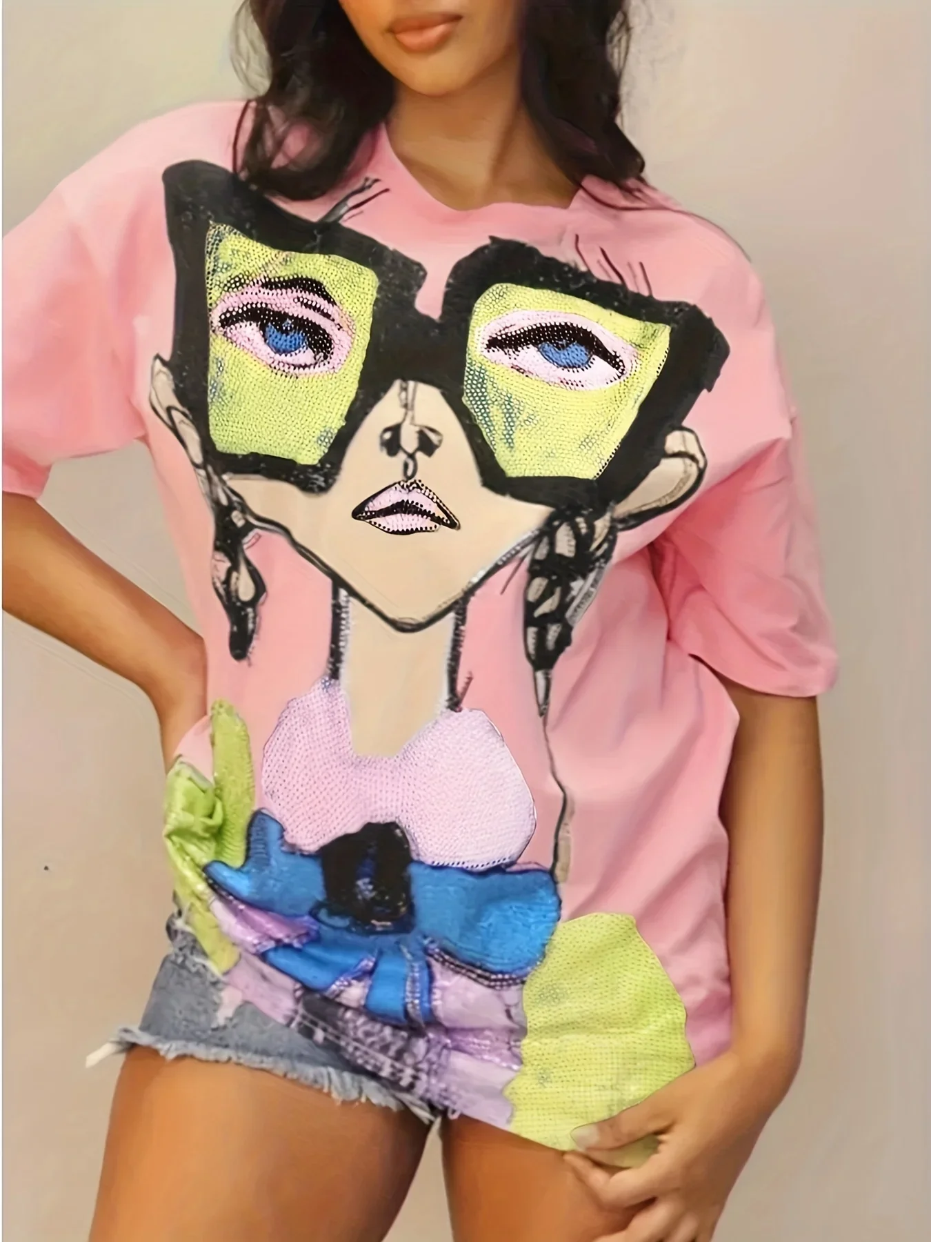 Plus Size Fashion Loose Women Cartoon Glasses Girl T-shirt Oversized Tops Street Casual Sports Slightly Stretch Comfort Tops
