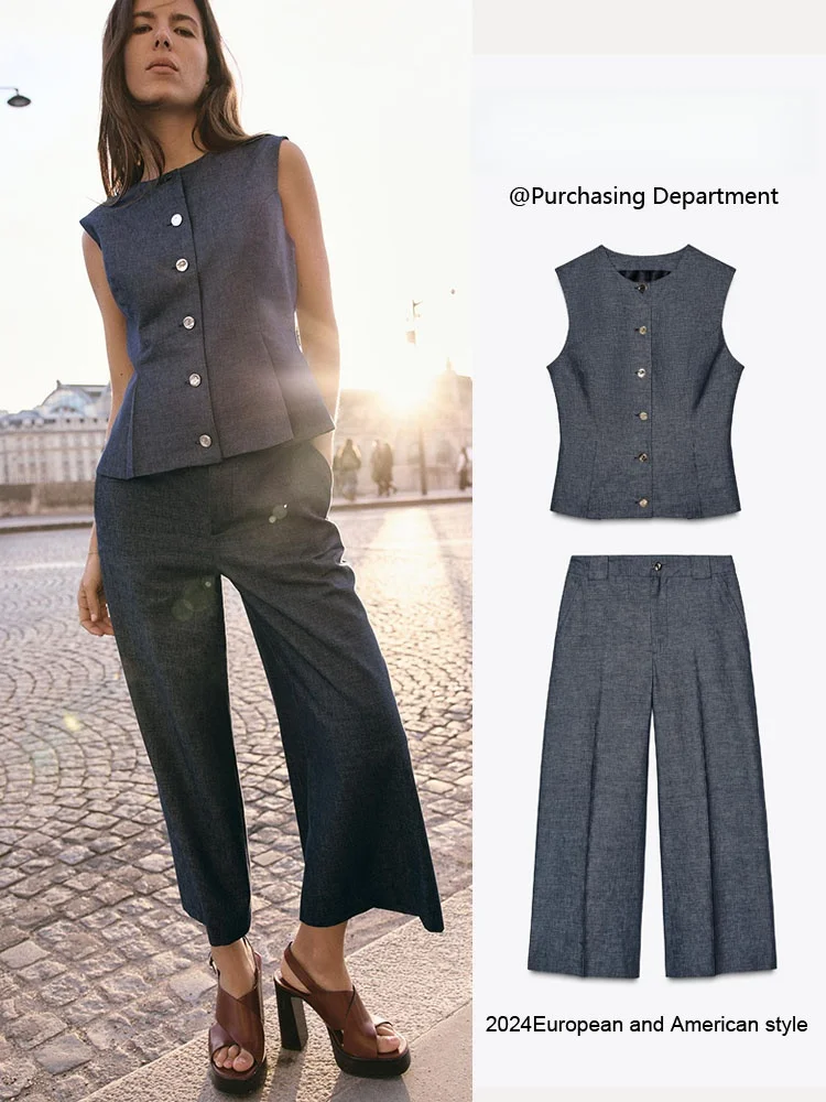 

Spring New Arrival Women's Vest Top Casual Long Pants Faion Set round Ne Buttoning Sle Comfortable Breathable Material