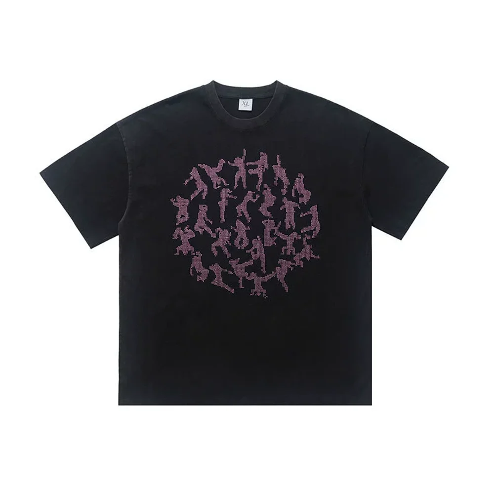 Unisex Washed Black Rhinestone Graphic T-Shirt Relaxed Short Sleeve Cotton Hip Hop Streetwear