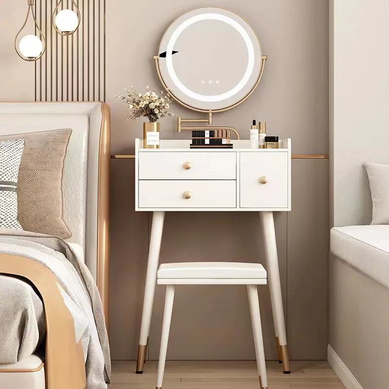 Tocador minimalista francés color crema, ahorrador de espacio, para maquillaje, para dormitorio pequeño, con luz y espejo, mueble de interior.