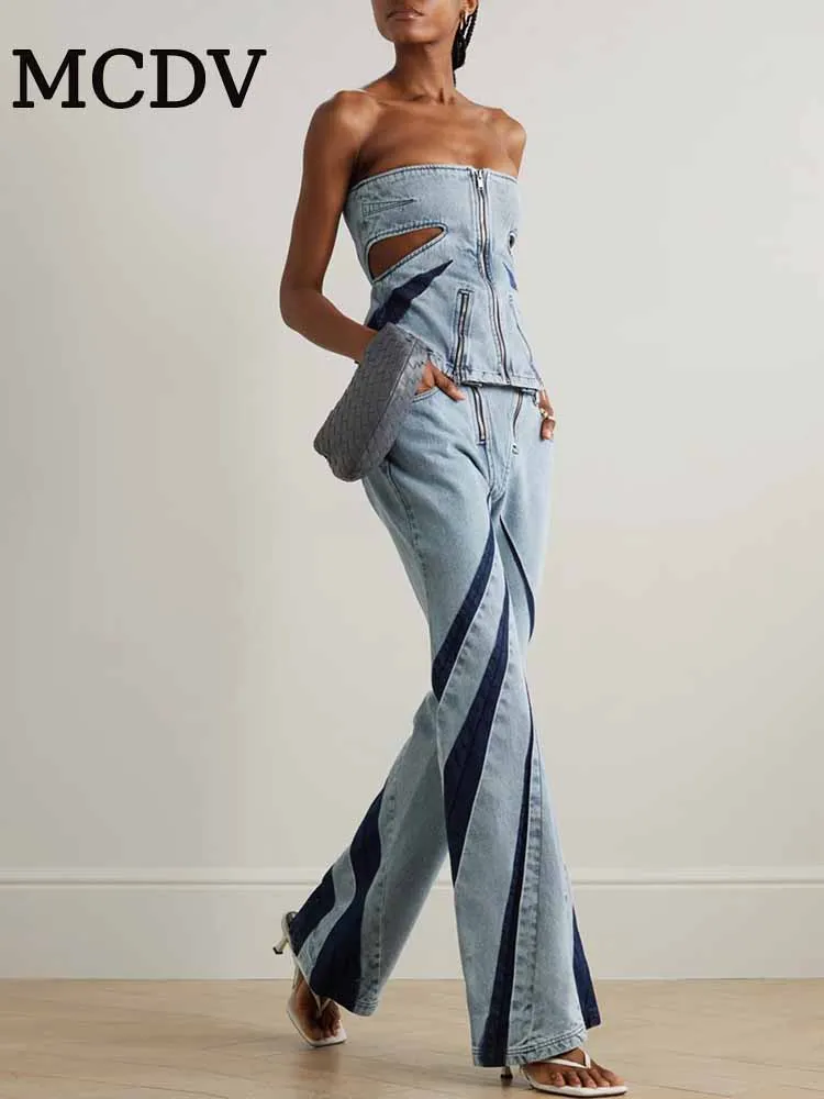 

MCDV 2025 Fashion Denim Two Piece Sets Women Patchwork Double Zip Sexy Strapless Hollow Tank Top And Flare Jeans High Streetwear