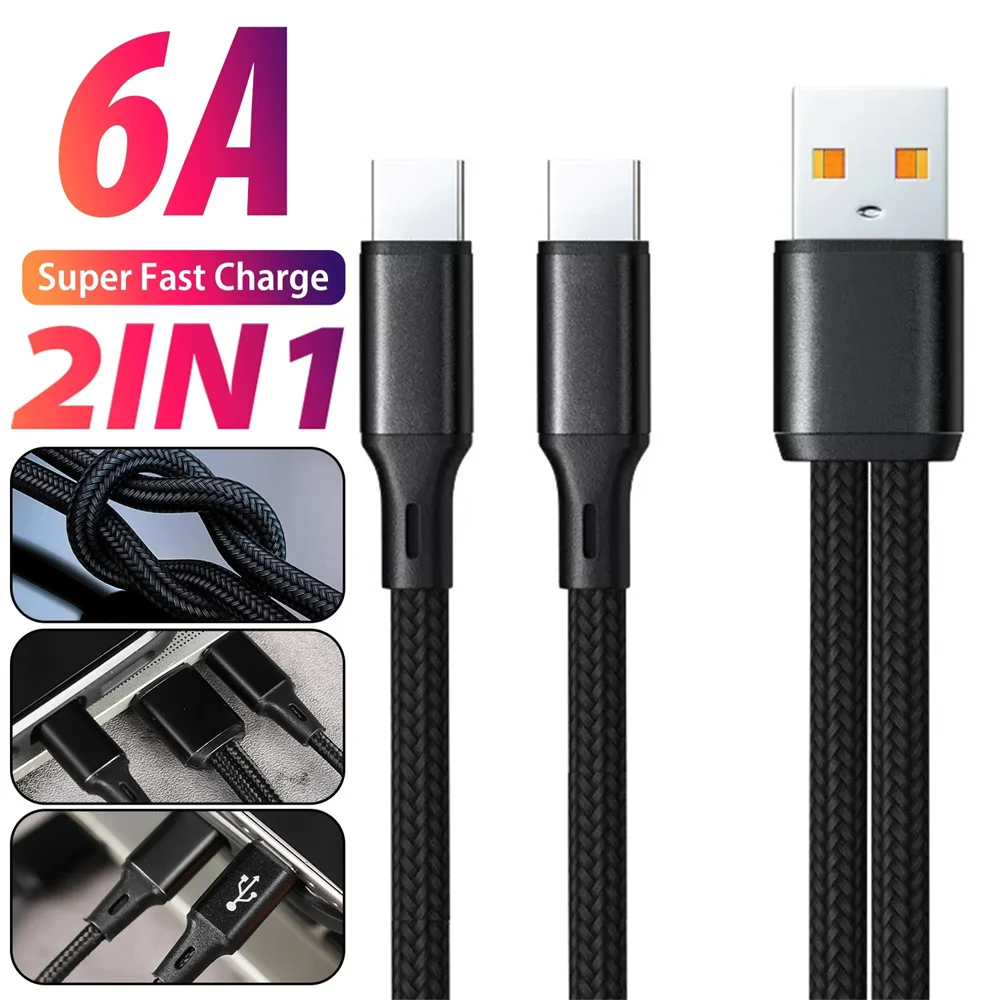 1.2m 2‑In‑1 Y‑Splitter USB Cable 5A Fast Charging Data Cord Type‑C Micro‑USB Dual‑Output Wire For iPhone Xiaomi 17 Charging Cord