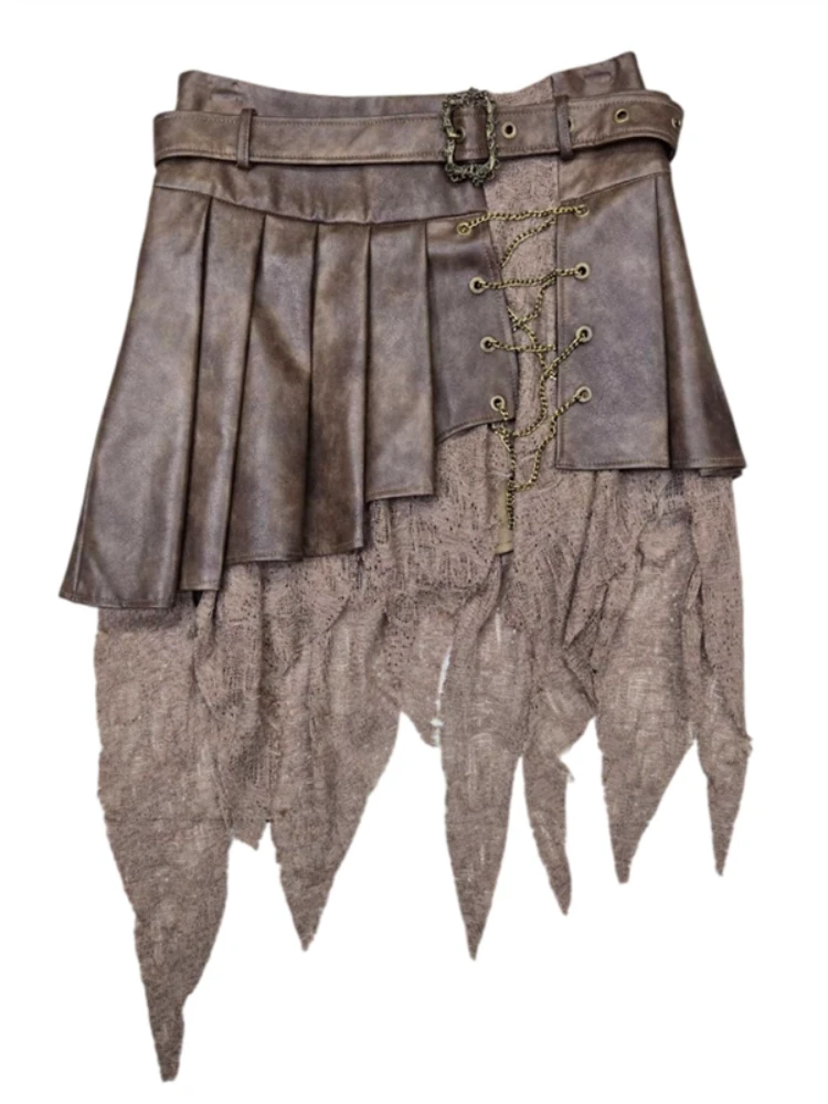 الأمريكية مثير الرجعية الدانتيل غير النظامية النساء عالية الخصر بولي Pu مطوي تنورة الخريف الشتاء جديد تنوعا سلسلة فضفاضة التنانير الموضة