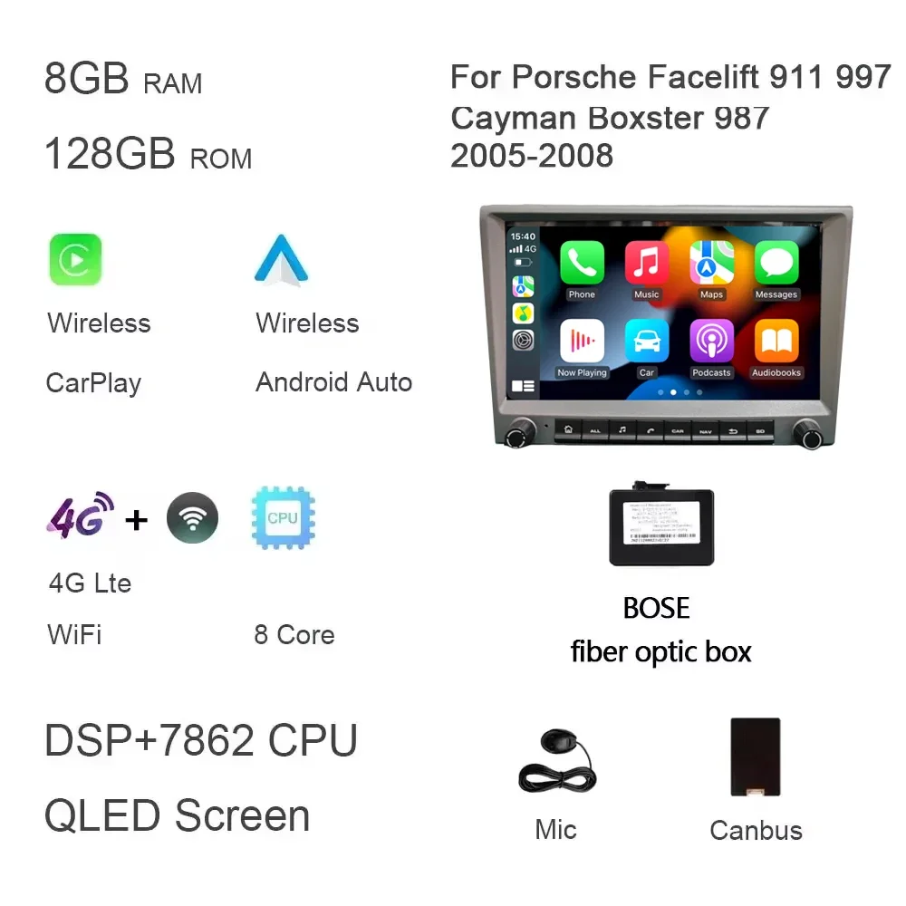 Grijs 720P CarPlay 8 "Android 14.0 Auto dvd-speler 8 Core 4GB DSP multimedia GPS autoradio Voor Porsche 911 997 987 Cayman Boxster