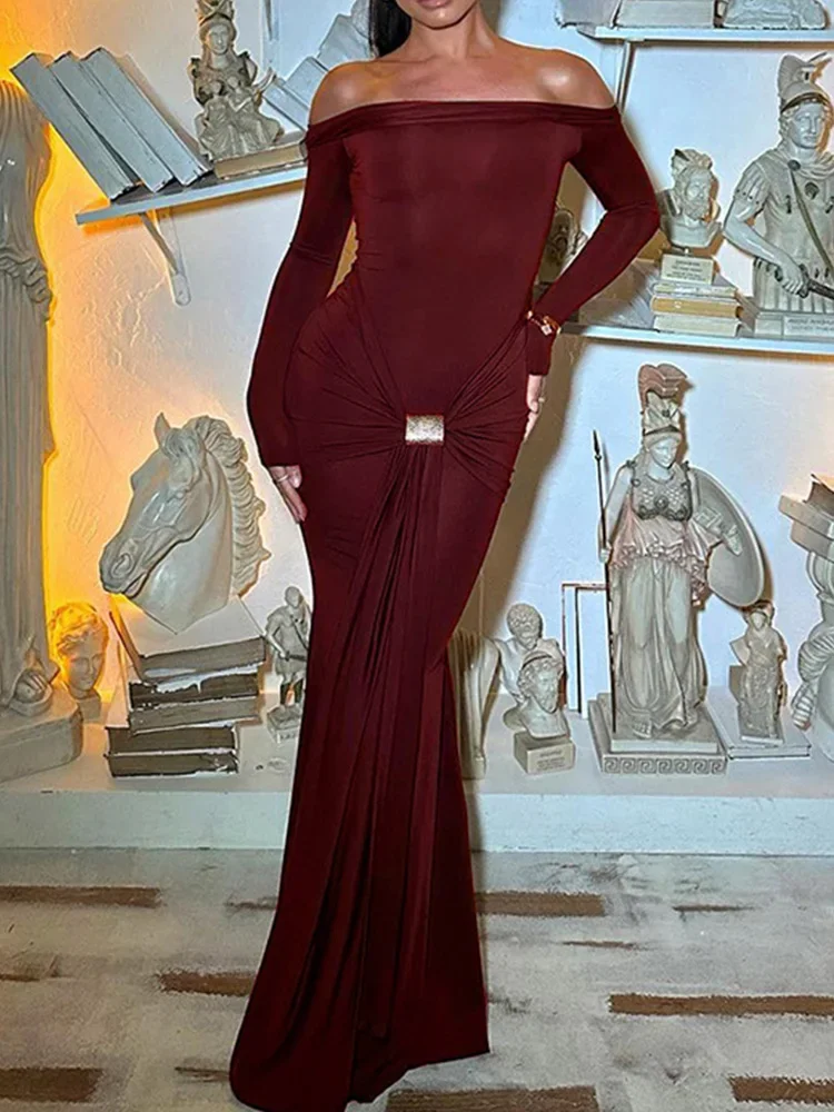

Bodycon Dress for Women Vintage Fashion Long Sleeve Dresses Solid Slim Folds Slash Neck Midi 2024 New Autumn Winter Dresses