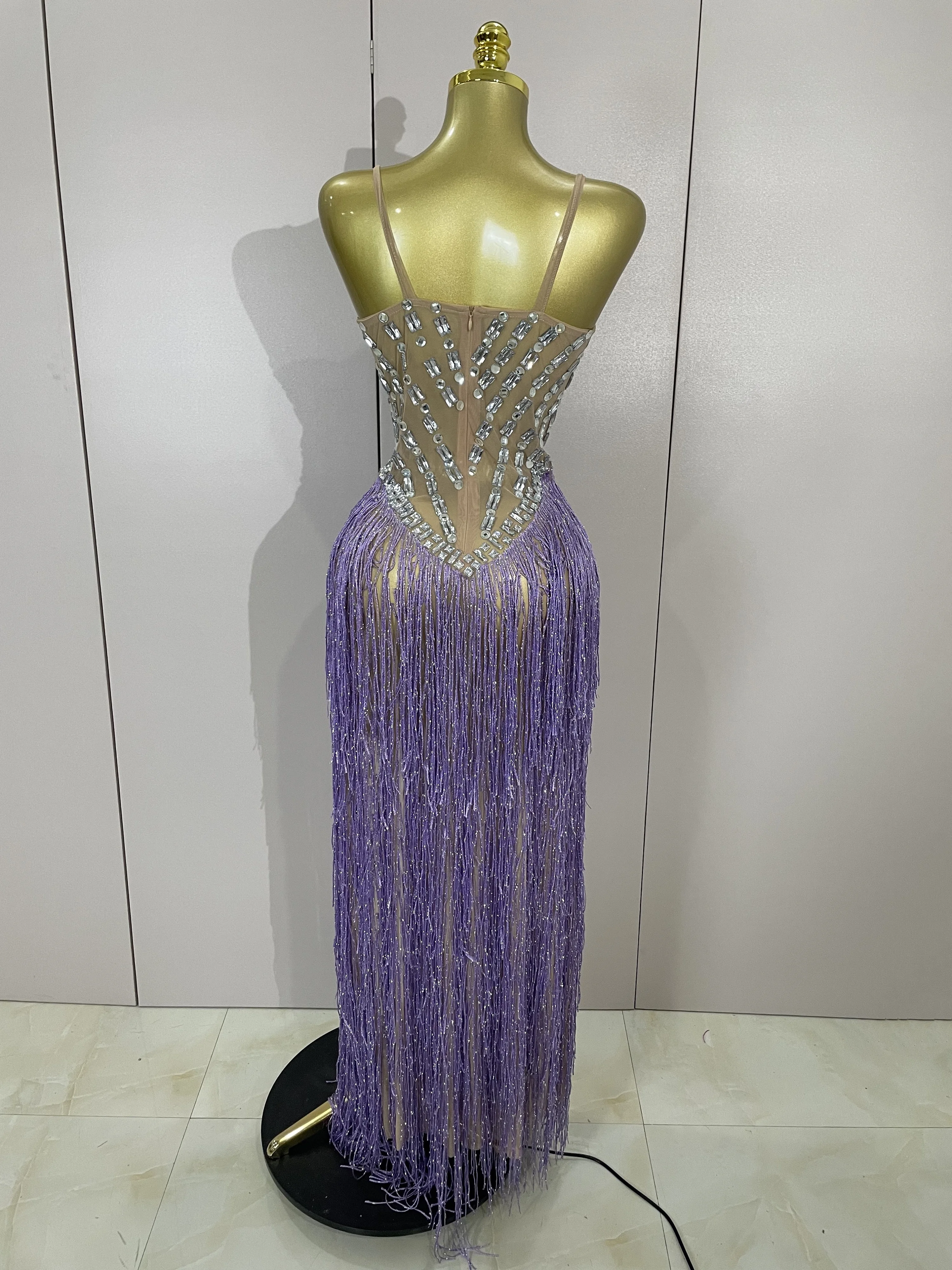 Robe longue transparente en maille pour femmes, Sexy, luxe, strass, paillettes, pompon, soirée, bal, discothèque, Costume de scène