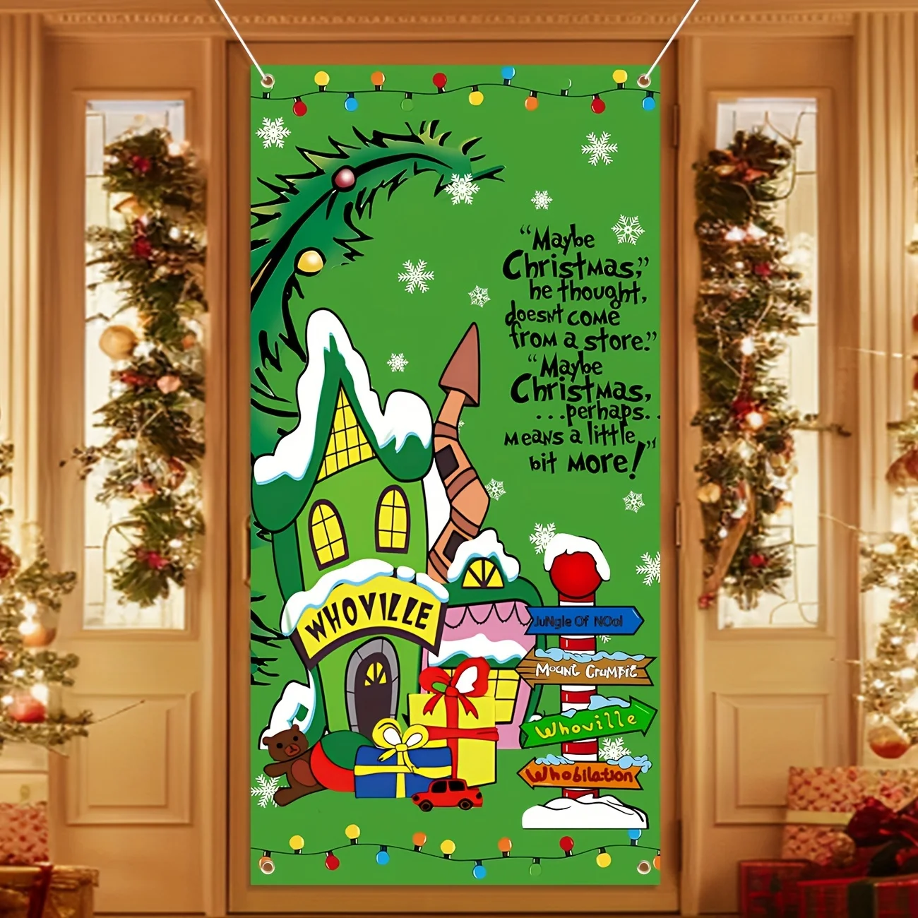 Merry Christmas Door Cover Green Whoville Xmas Winter Holiday Party Decorations Backdrop Door Hanging Banner