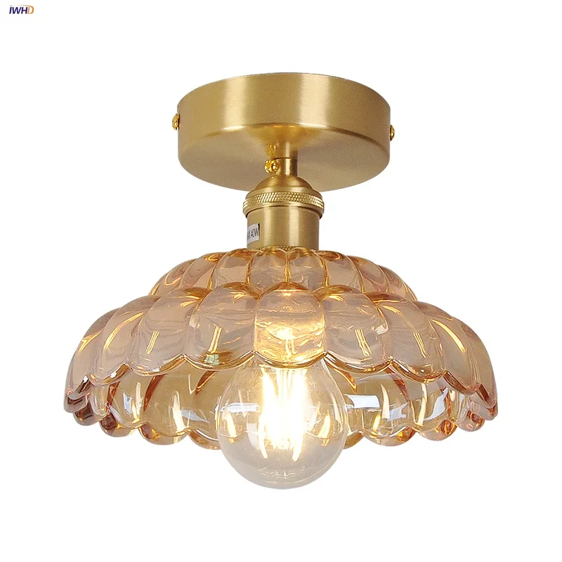 

IWHD Amber Glass LED Ceiling Lamp Bathroom Aisle Copper Nordic Modern Simple Ceiling Lights Indoor Lighting Plafonnier Luminaire