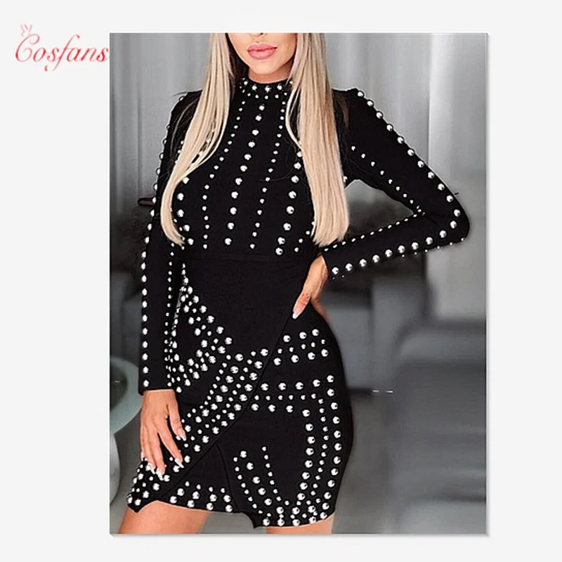 

Pearl Black Beading Short Long Sleeve Dress Spring &Autumn O-neck Pullover Pencil Dresses women party dress clubwear free ship