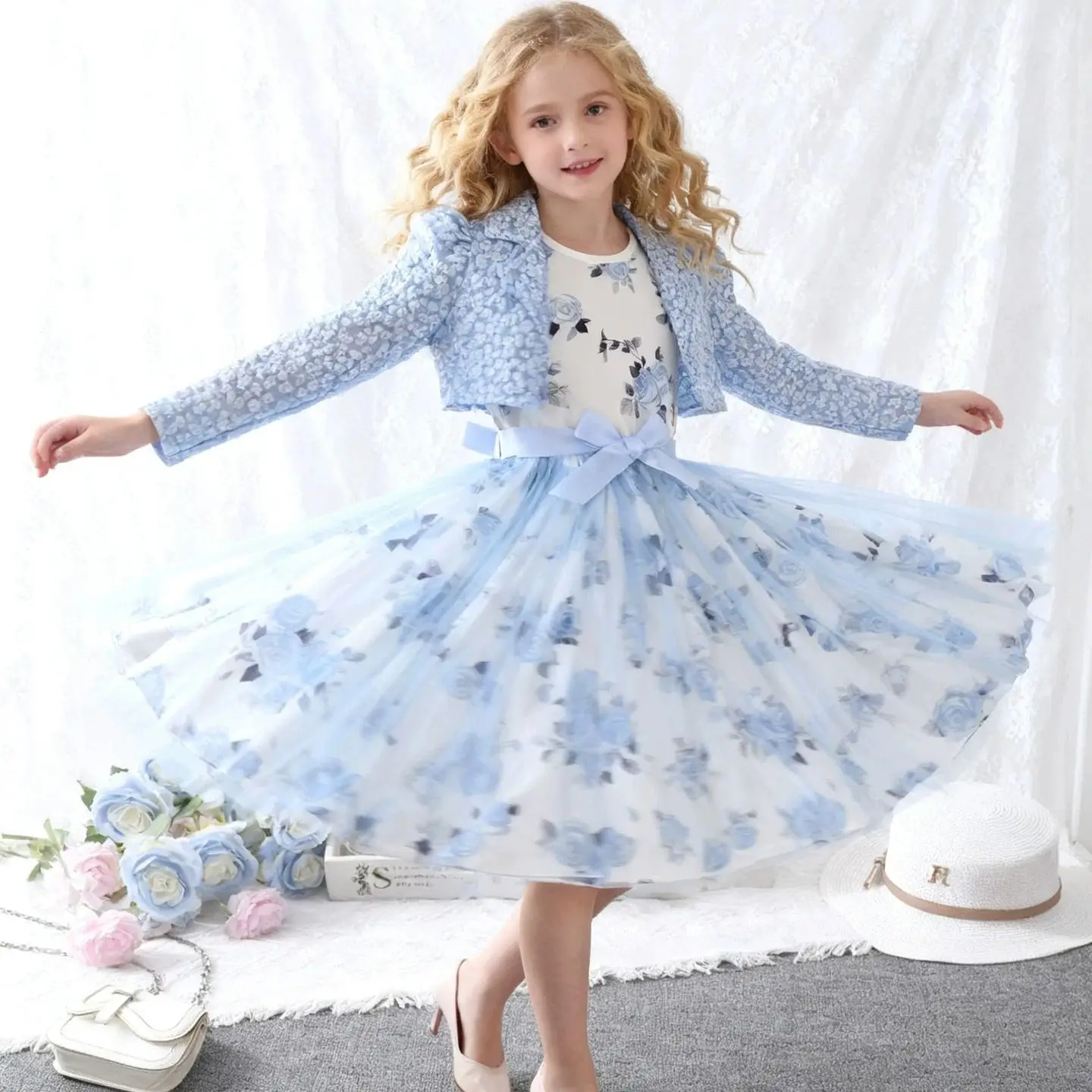 

Элегантный комплект одежды из 2 предметов для девочек, корейская куртка с длинными рукавами и сетчатая юбка, комбинированный наряд на весну/осень для подарка, праздничный наряд для подростка