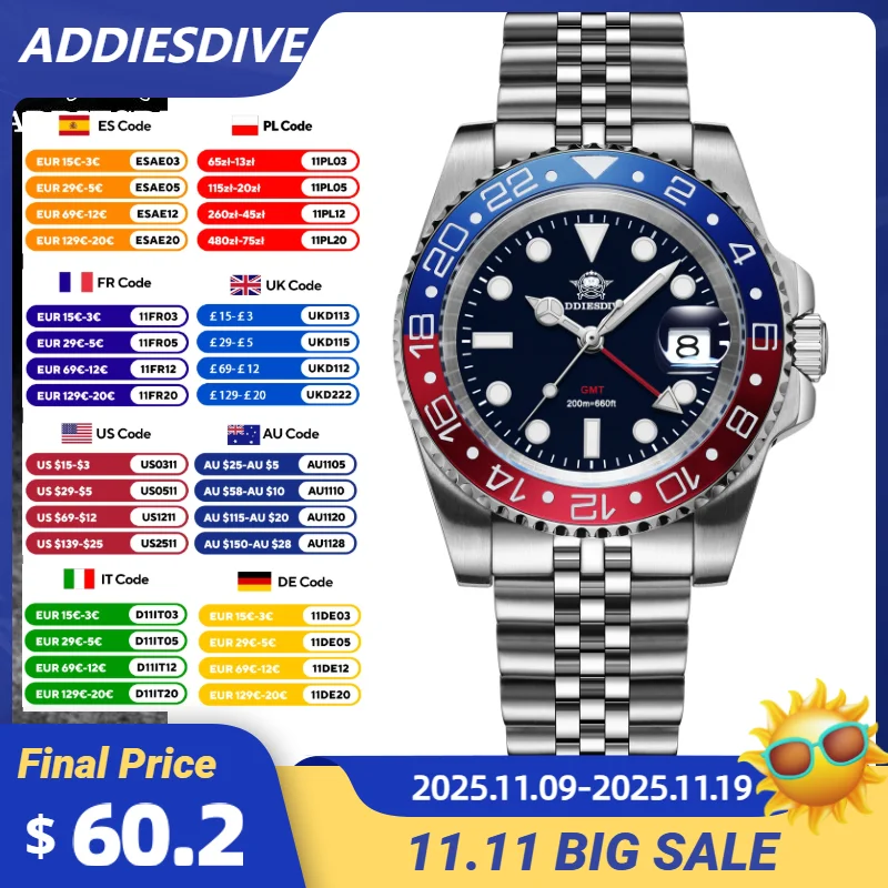 

ADDIESDIVE Men Watches 40mm Luxury Ceramic Bezel BGW9 Super Luminous 200m Waterproof Stainless Steel 515-24H GMT Quartz Watch