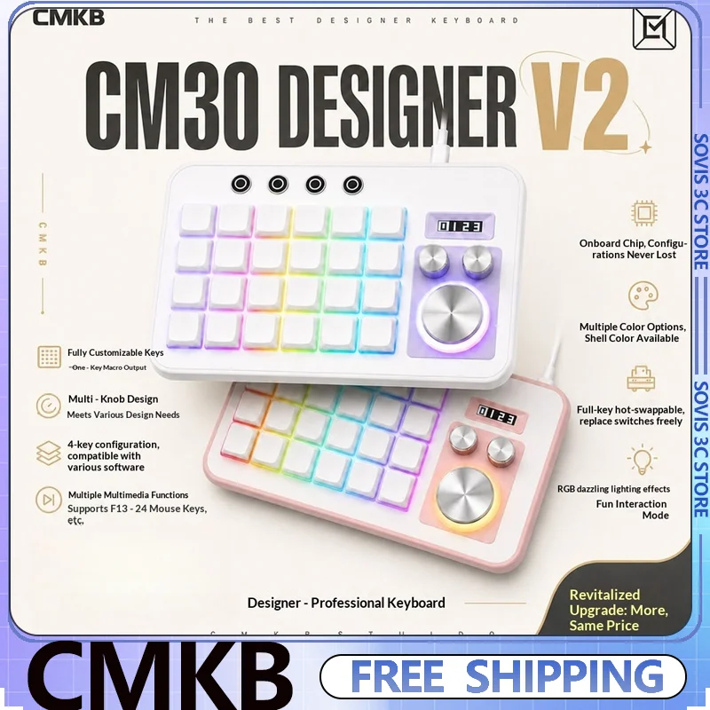CMKB CM30 Mini Mechanical Keyboard 30 Keys Wired RGB Hot-Swappable Graphics Designer Macro-Programmable Keyboard With Knob Gifts