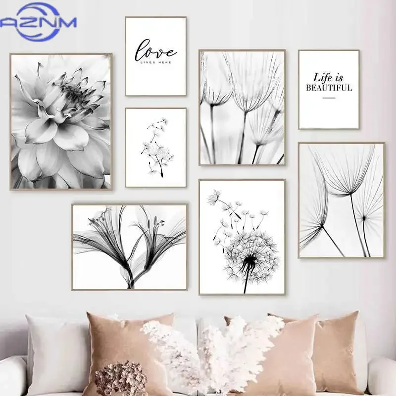 Nordic Minimalist Black White Dandelion Blooming Flower Canvas Prints Modern Wall Art Picture For Living Room Home Decor