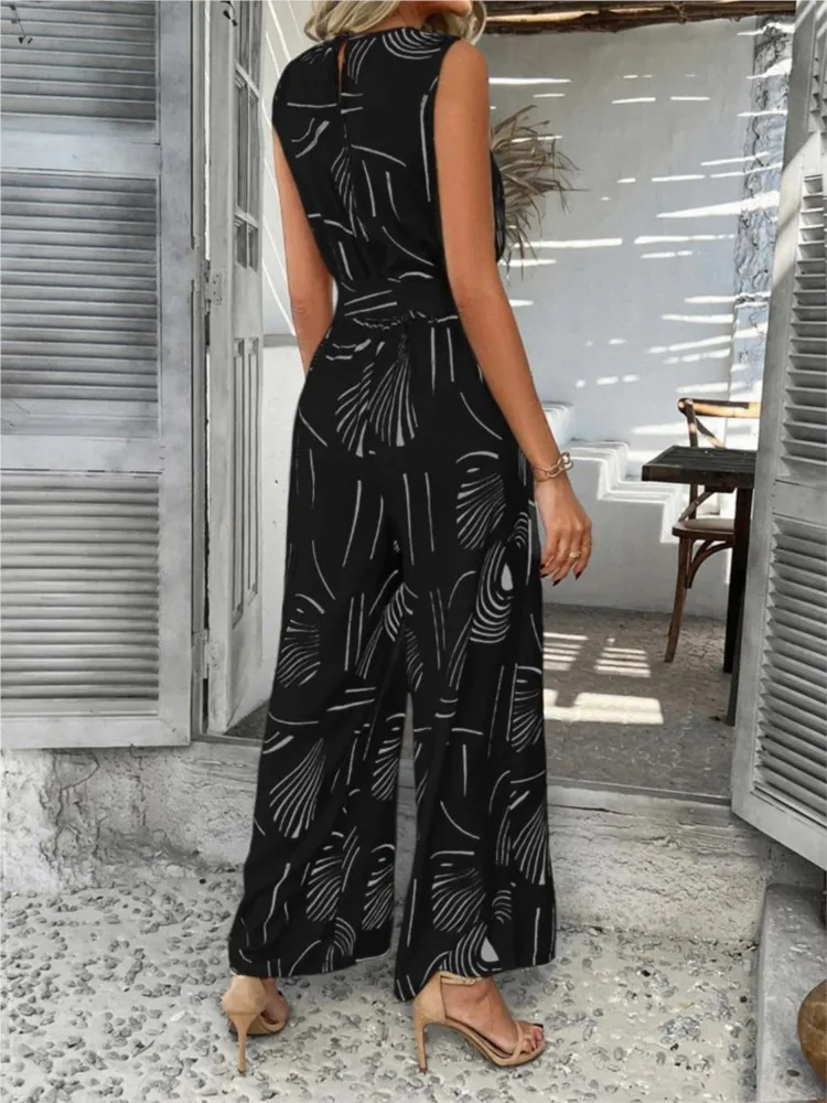 Jumpsuit Wanita Musim Panas Tanpa Lengan Berpinggang Tinggi dengan Tali Serut dan Renda, Kasual Longgar dengan Saku, Celana Lebar Model Romper Wanita 2025
