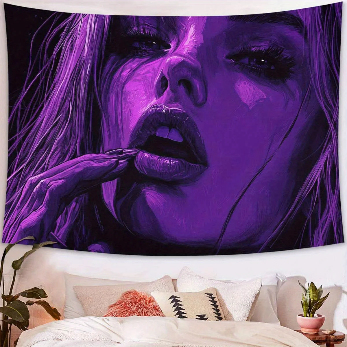 Vibrant Purple Portrait Tapestry, Bold Woman Smoking Wall Art for Bedroom or Living Room,Large Decorative Hanging,Add Edgy Style