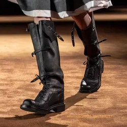 Retro Belt Buckle Women's Knight Boots 2024 Autumn Round Street Cross Straps Leather Long Boot Black/brown Party Casual Boots