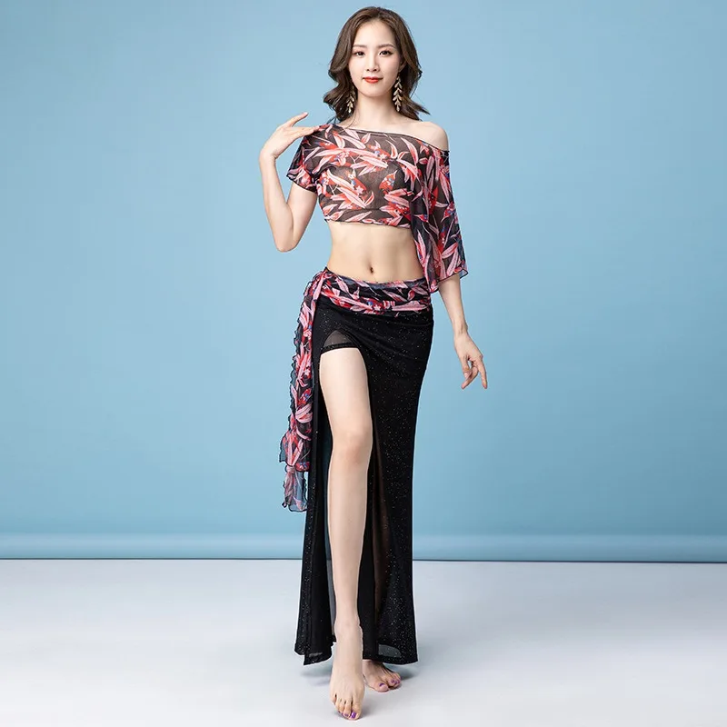 customized belly dance costume printed long skirt set oriental dance sexy practice clothes for women exotic dancewear suit